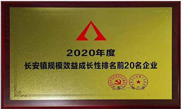 云顶集团荣获“2020年度长安镇规模效益生长性排名前20名企业”